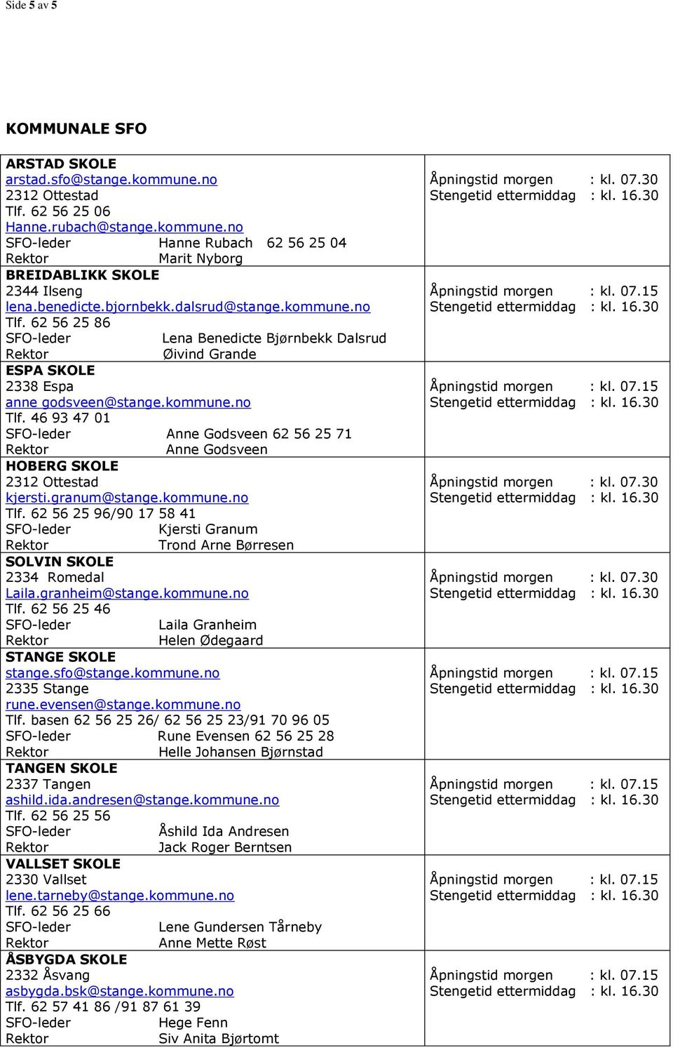 granum@stange.kommune.no Tlf. 62 56 25 96/90 17 58 41 Kjersti Granum Trond Arne Børresen SOLVIN SKOLE 2334 Romedal Laila.granheim@stange.kommune.no Tlf. 62 56 25 46 Laila Granheim Helen Ødegaard STANGE SKOLE stange.