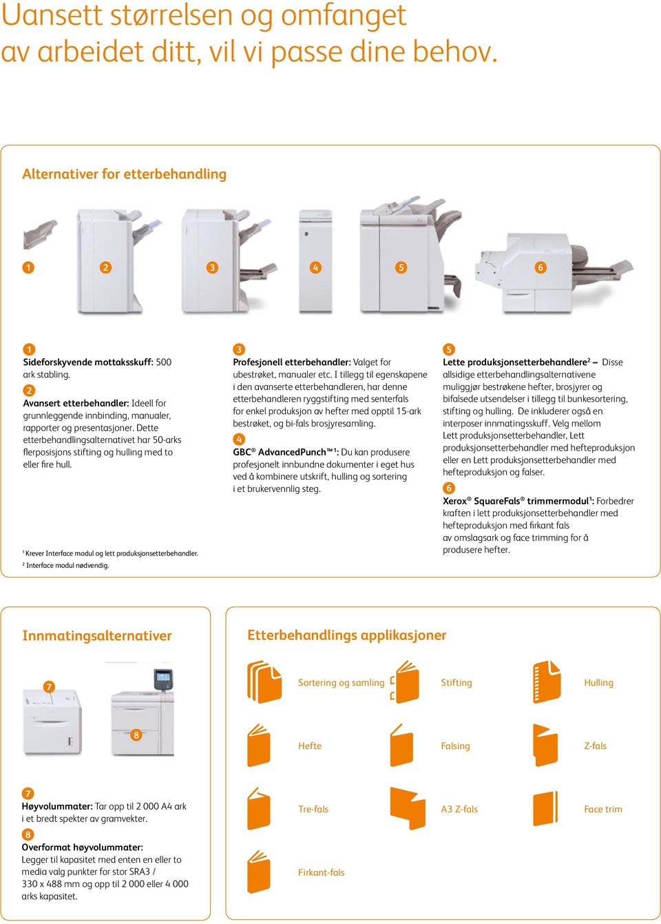 Dette etterbehandlingsalternativet har 50-arks flerposisjons stifting og hulling med to eller fire hull. 1 Krever Interface modul og lett produksjonsetterbehandler. 2 Interface modul nødvendig.