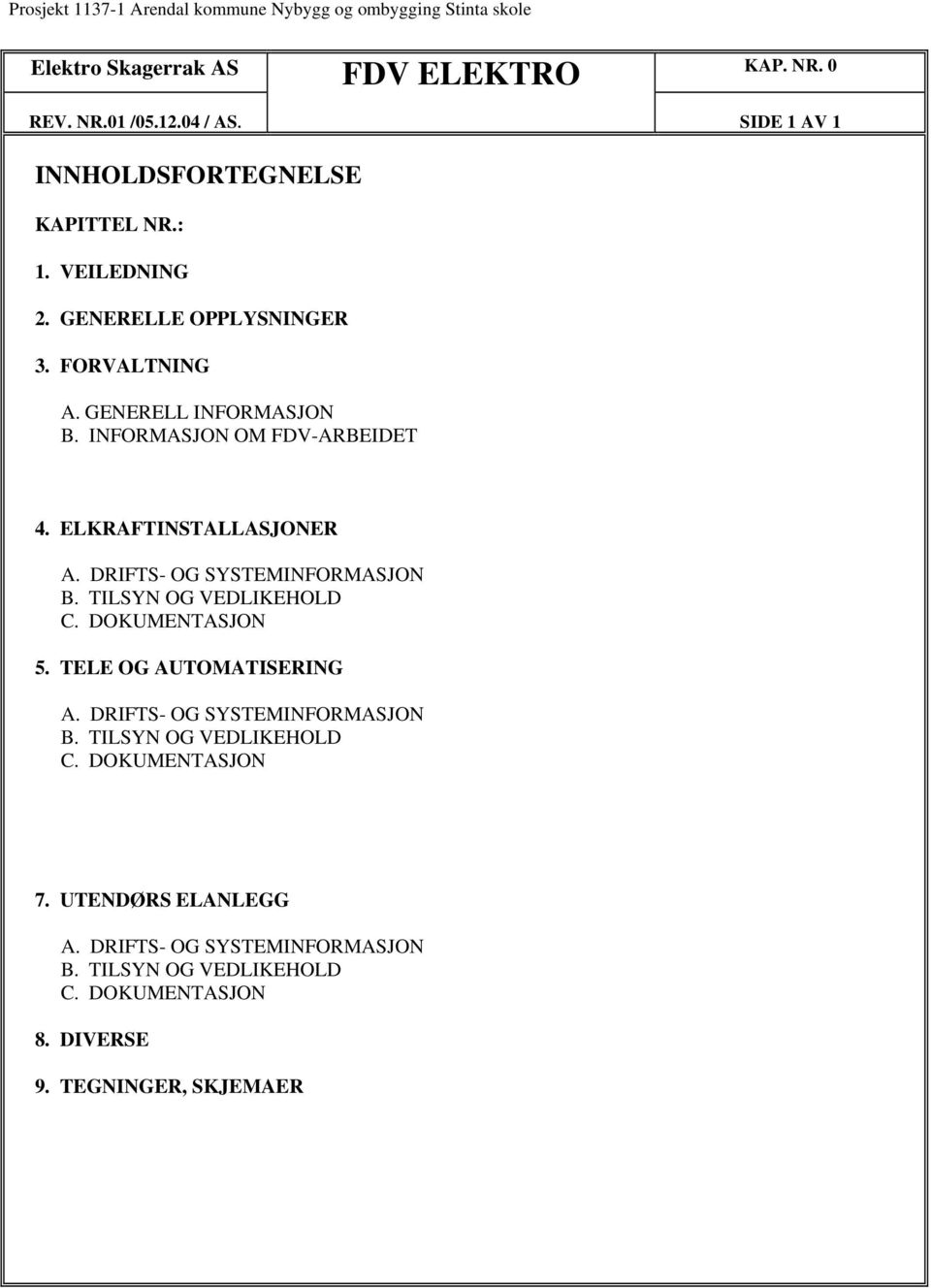 TILSYN OG VEDLIKEHOLD C. DOKUMENTASJON 5. TELE OG AUTOMATISERING A. DRIFTS- OG SYSTEMINFORMASJON B. TILSYN OG VEDLIKEHOLD C.