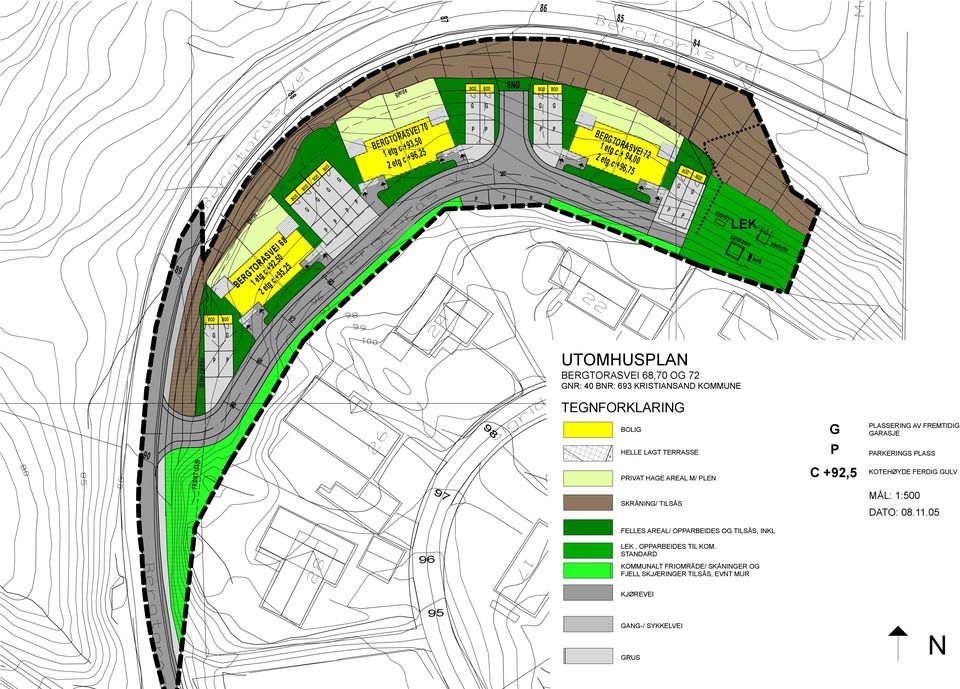 BNR: 693 KRISTIANSAND KOMMUNE TENFORKLARIN BOLI HELLE LAT TERRASSE RIVAT HAE AREAL M/ LEN SKRÅNIN/ TILSÅS LEK 95 90 benk 85 lekehytte C +92,5 LASSERIN AV FREMTIDI ARASJE ARKERINS LASS KOTEHØYDE FERDI