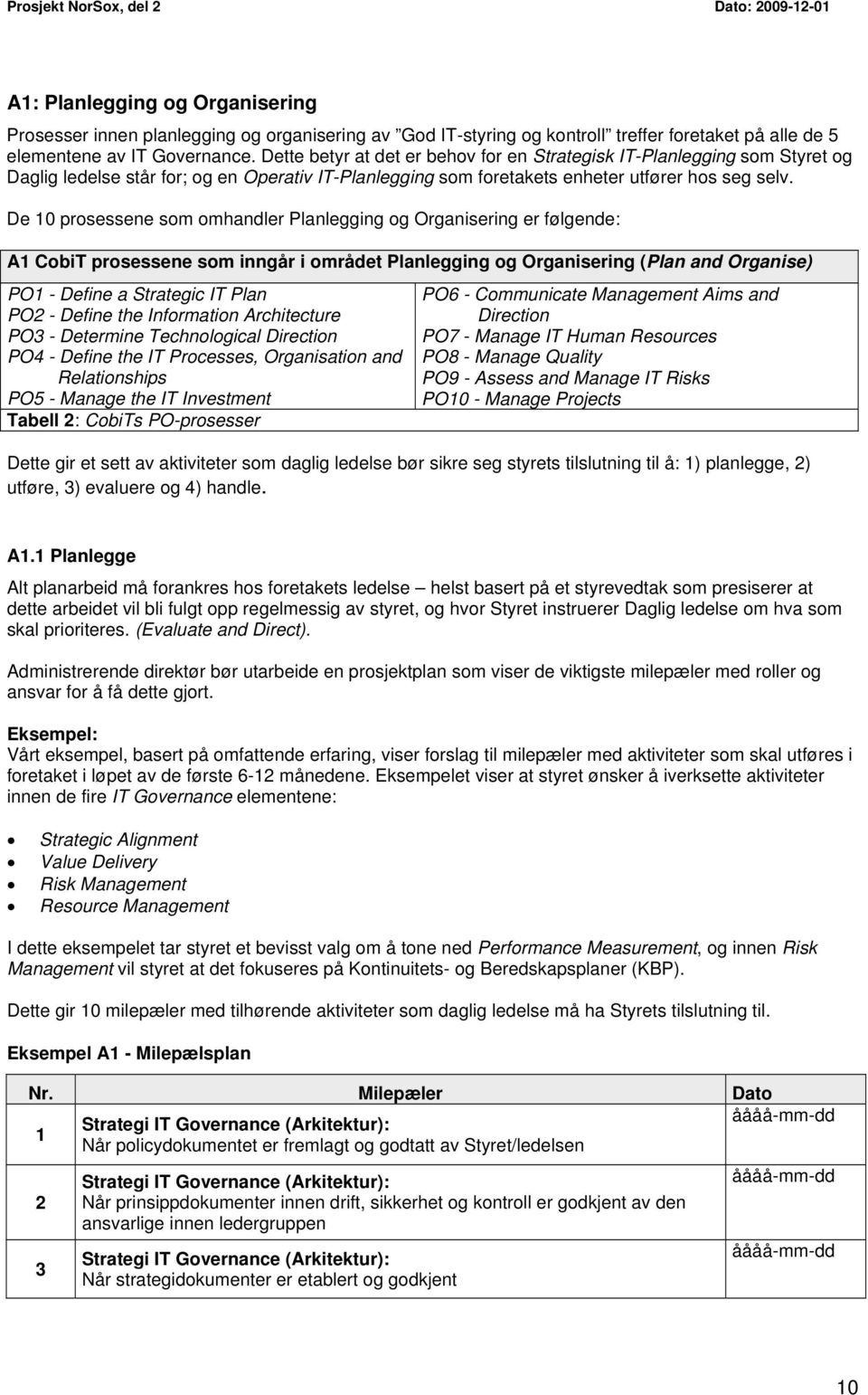 De 10 prosessene som omhandler Planlegging og Organisering er følgende: A1 CobiT prosessene som inngår i området Planlegging og Organisering (Plan and Organise) PO1 - Define a Strategic IT Plan PO2 -