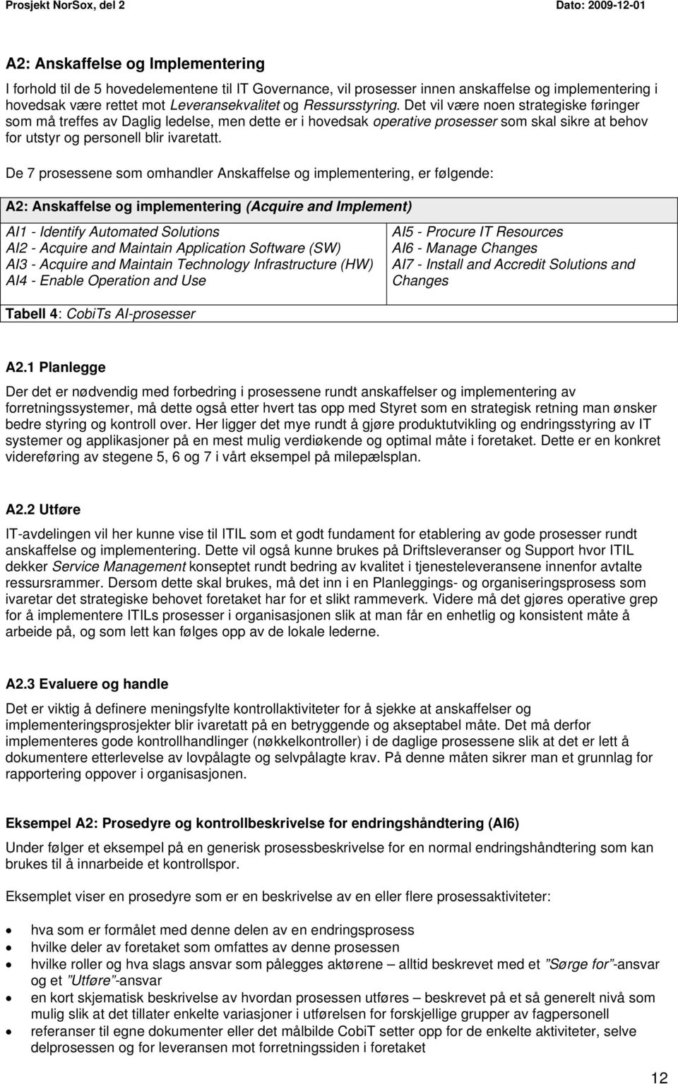 De 7 prosessene som omhandler Anskaffelse og implementering, er følgende: A2: Anskaffelse og implementering (Acquire and Implement) AI1 - Identify Automated Solutions AI2 - Acquire and Maintain