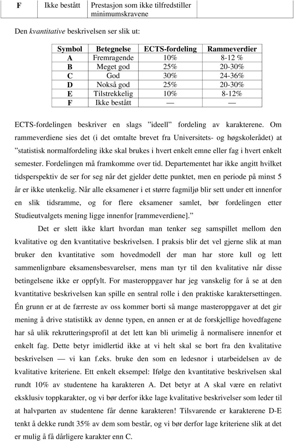 Om rammeverdiene sies det (i det omtalte brevet fra Universitets- og høgskolerådet) at statistisk normalfordeling ikke skal brukes i hvert enkelt emne eller fag i hvert enkelt semester.