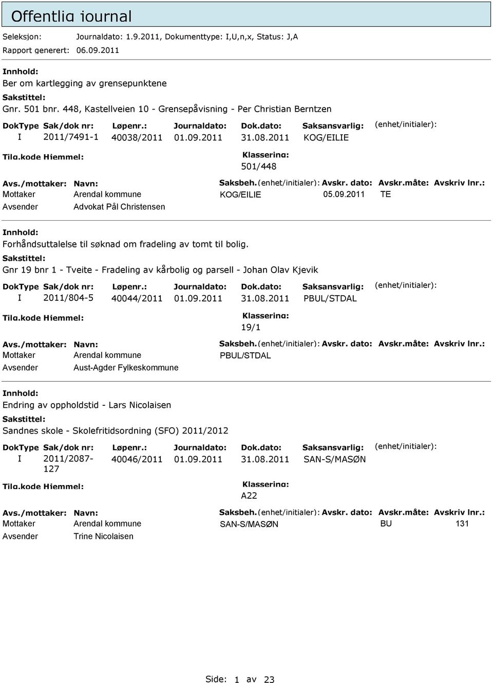 2011 TE Avsender Advokat Pål Christensen nnhold: Forhåndsuttalelse til søknad om fradeling av tomt til bolig.