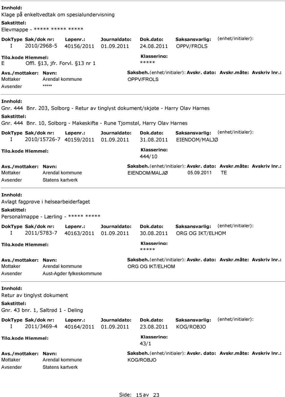 /mottaker: Navn: Saksbeh. Avskr. dato: Avskr.måte: Avskriv lnr.: EENDOM/MALJØ 05.09.