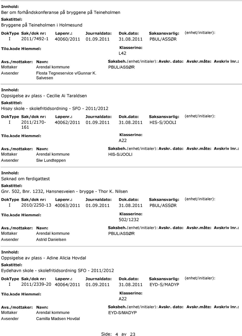 Salvesen nnhold: Oppsigelse av plass - Cecilie Ai Taraldsen Hisøy skole - skolefritidsordning - SFO - 2011/2012 Sak/dok nr: 2011/2170-161 Løpenr.: 40062/2011 HS-S/JOOL A22 Avs.