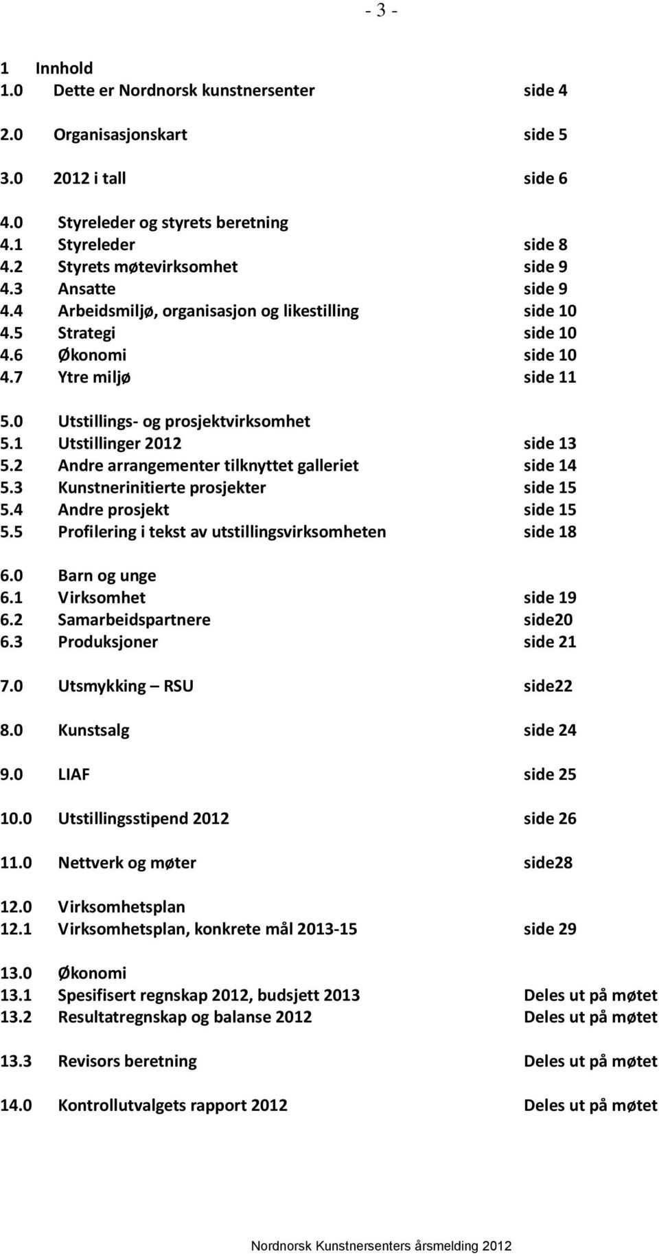 0 Utstillings- og prosjektvirksomhet 5.1 Utstillinger 2012 side 13 5.2 Andre arrangementer tilknyttet galleriet side 14 5.3 Kunstnerinitierte prosjekter side 15 5.4 Andre prosjekt side 15 5.