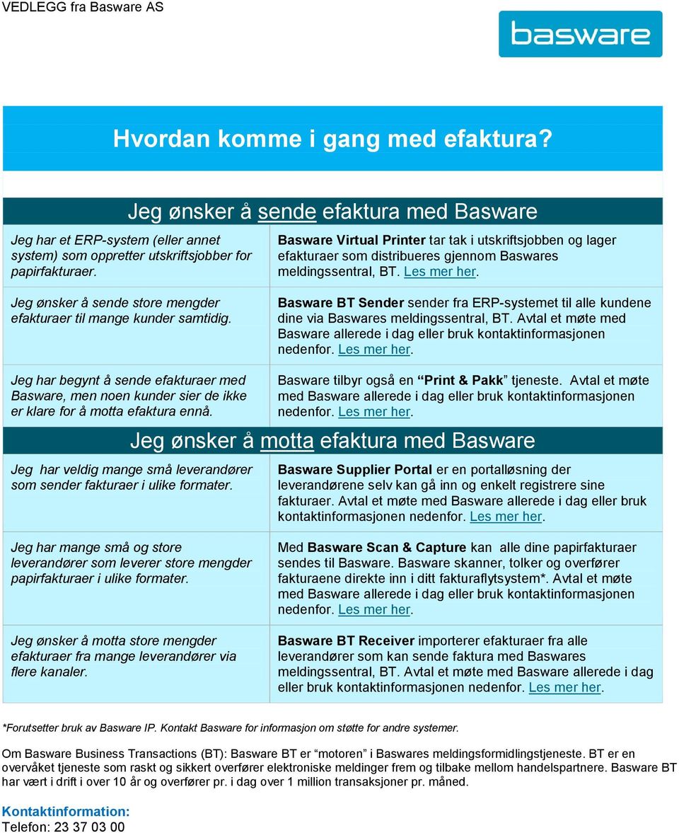 Jeg ønsker å sende store mengder efakturaer til mange kunder samtidig. Basware BT Sender sender fra ERP-systemet til alle kundene dine via Baswares meldingssentral, BT.