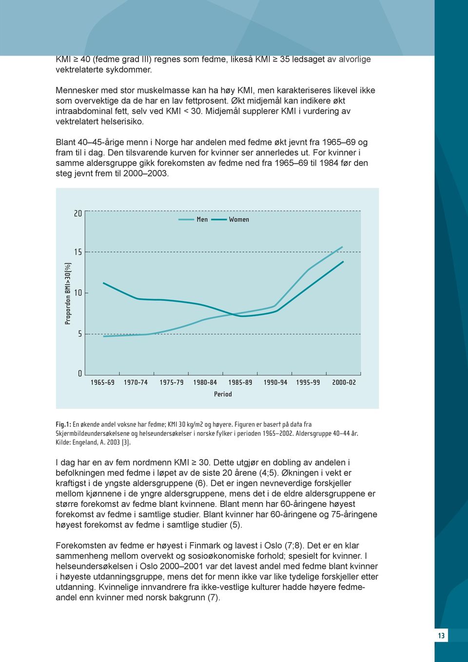 Midjemål supplerer KMI i vurdering av vektrelatert helserisiko. Blant 40 45-årige menn i Norge har andelen med fedme økt jevnt fra 1965 69 og fram til i dag.