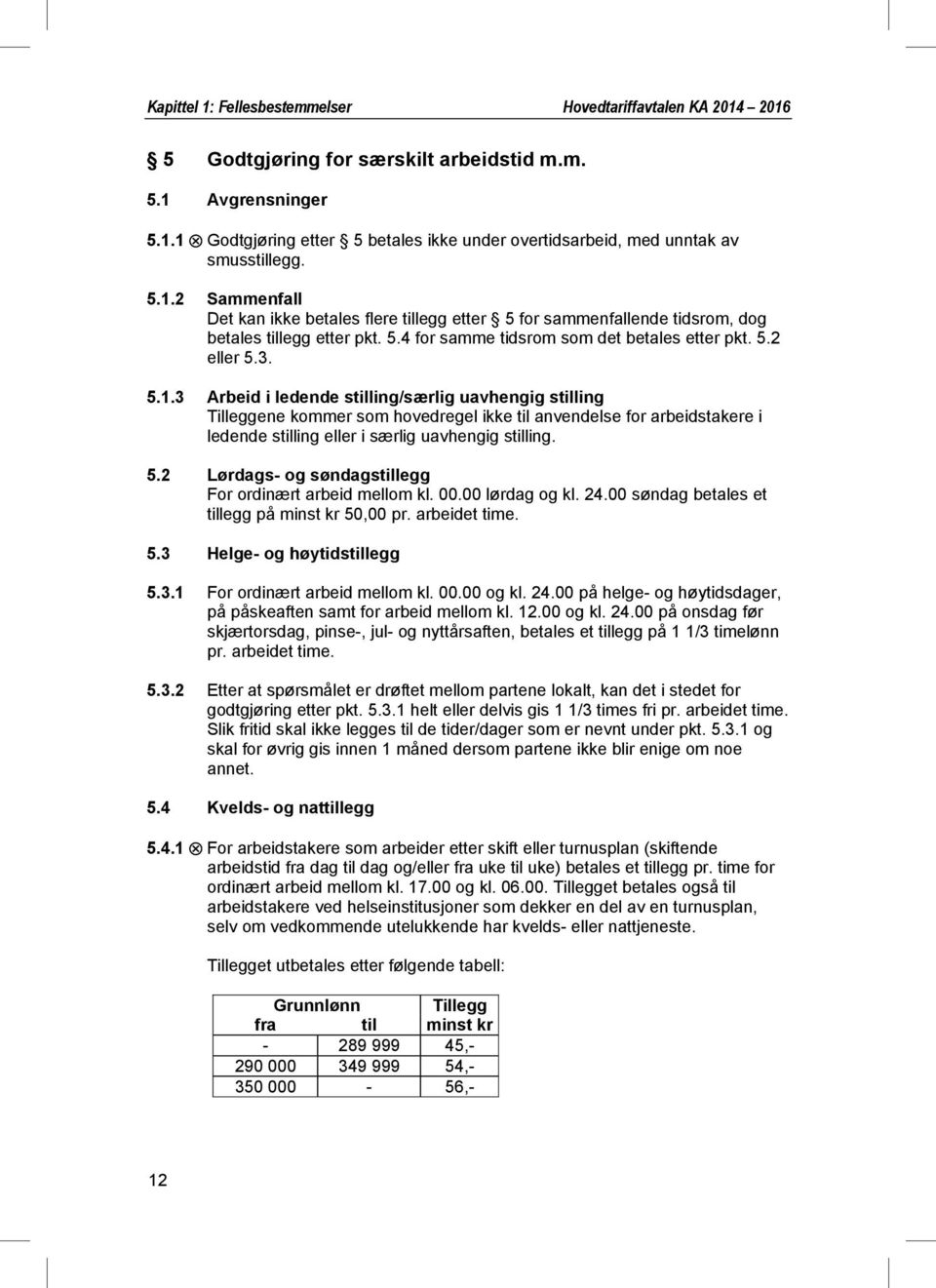 5.2 Lørdags- og søndagstillegg For ordinært arbeid mellom kl. 00.00 lørdag og kl. 24.00 søndag betales et tillegg på minst kr 50,00 pr. arbeidet time. 5.3 Helge- og høytidstillegg 5.3.1 For ordinært arbeid mellom kl.