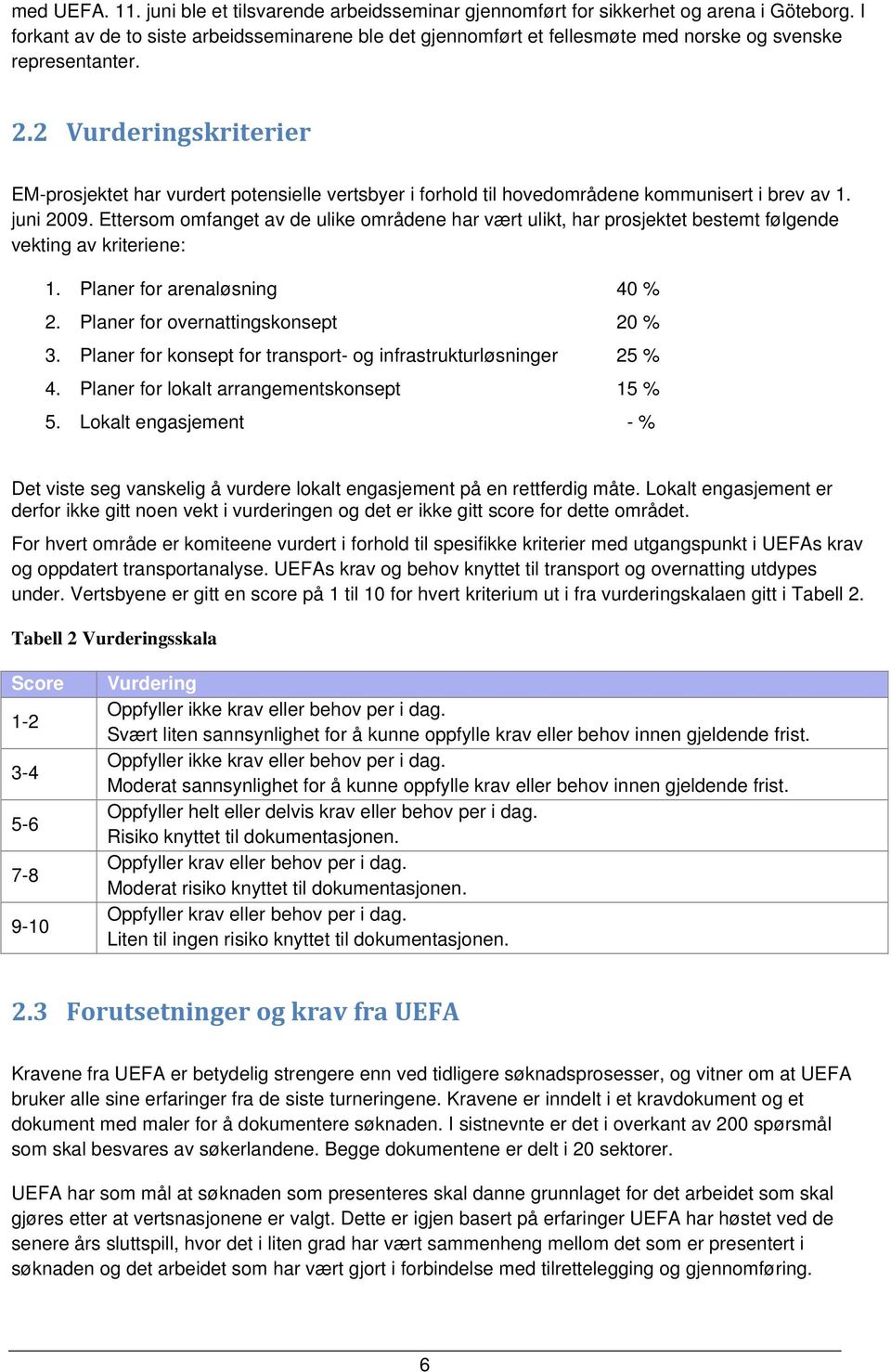 2 Vurderingskriterier EM-prosjektet har vurdert potensielle vertsbyer i forhold til hovedområdene kommunisert i brev av 1. juni 2009.