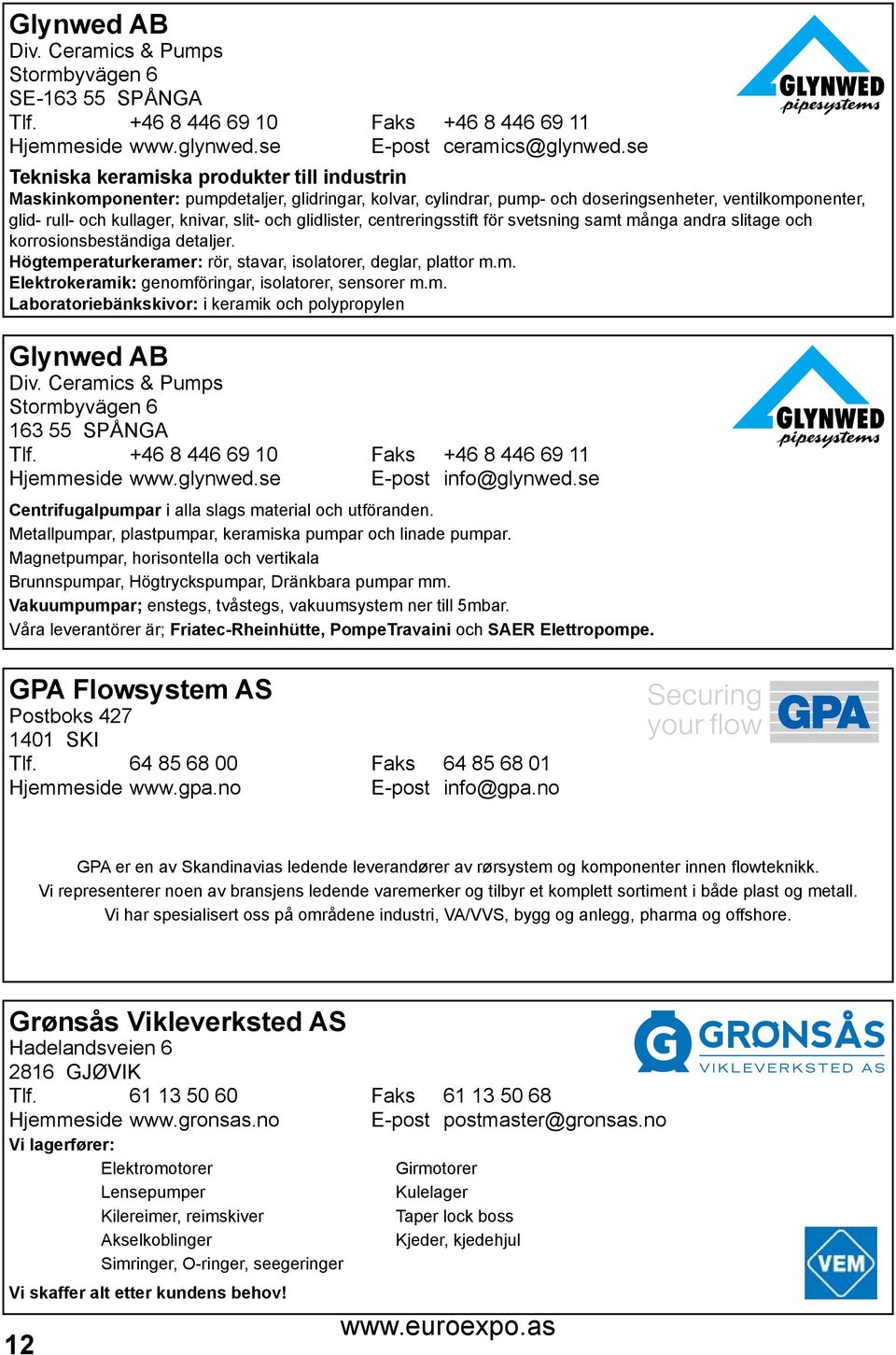 och glidlister, centreringsstift för svetsning samt många andra slitage och korrosionsbeständiga detaljer. Högtemperaturkeramer: rör, stavar, isolatorer, deglar, plattor m.m. Elektrokeramik: genomföringar, isolatorer, sensorer m.