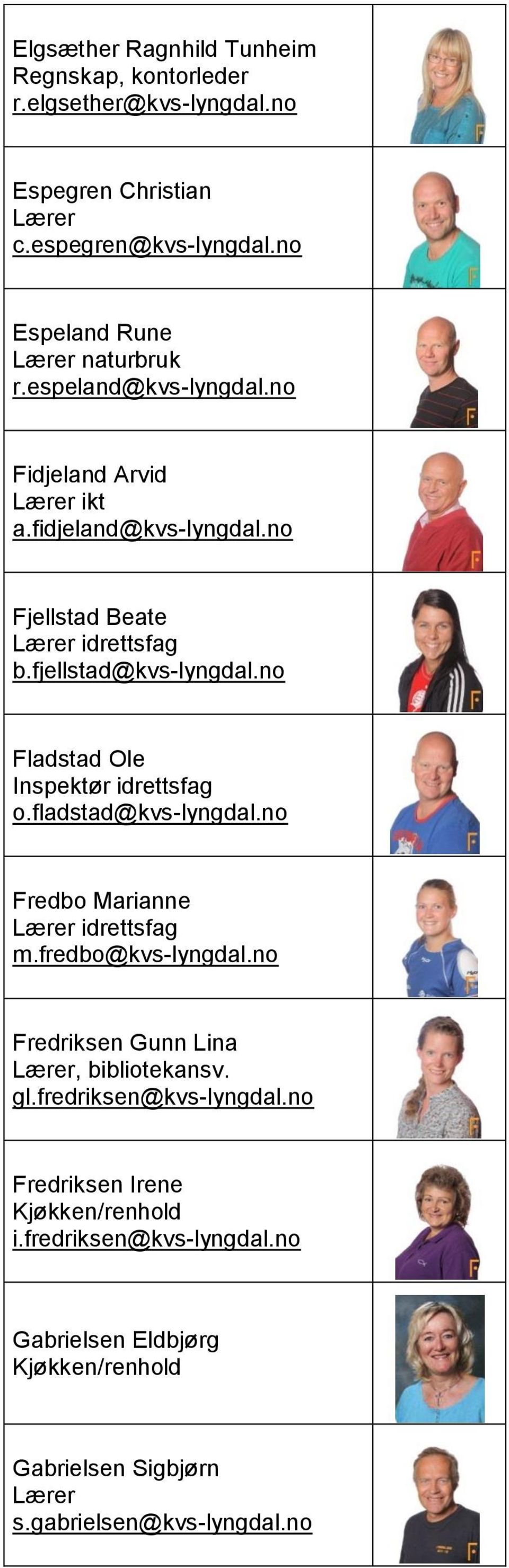 fjellstad@kvs-lyngdal.no Fladstad Ole Inspektør idrettsfag o.fladstad@kvs-lyngdal.no Fredbo Marianne idrettsfag m.fredbo@kvs-lyngdal.