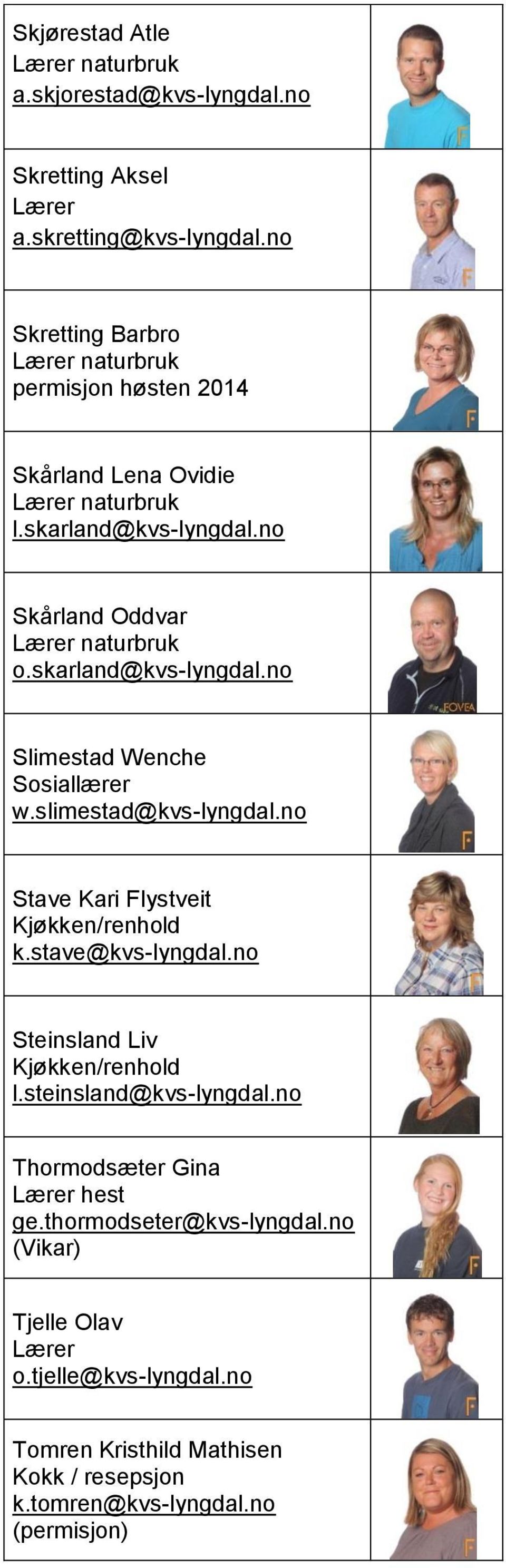 skarland@kvs-lyngdal.no Slimestad Wenche Sosiallærer w.slimestad@kvs-lyngdal.no Stave Kari Flystveit k.stave@kvs-lyngdal.no Steinsland Liv l.