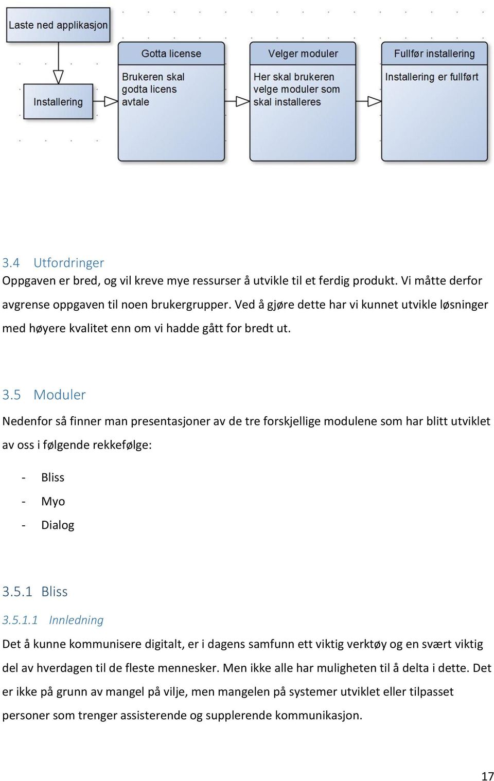 5 Moduler Nedenfor så finner man presentasjoner av de tre forskjellige modulene som har blitt utviklet av oss i følgende rekkefølge: - Bliss - Myo - Dialog 3.5.1 