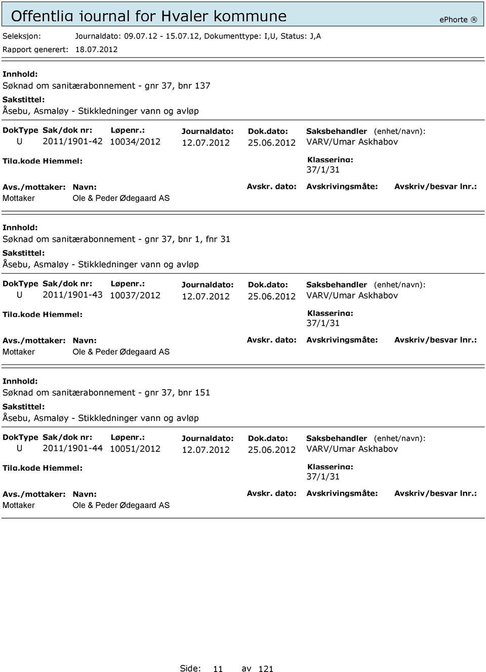 og avløp 2011/1901-43 10037/2012 25.06.