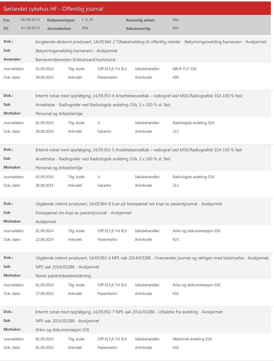 2014 Arkivdel: Pasientarkiv Arkivkode: 490 Internt notat med oppfølging, 14/05353-4 Ansettelsesvedtak radiograf ved MSK/Radiografisk SSA 100 % fast Ansettelse - Radiografer ved Radiologisk avdeling