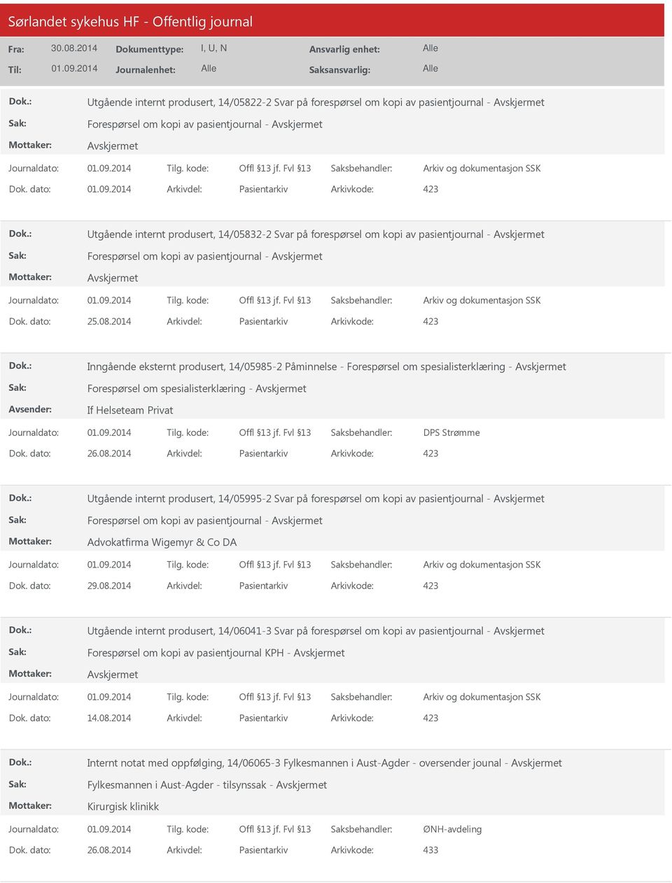 2014 Arkivdel: Pasientarkiv Arkivkode: 423 Inngående eksternt produsert, 14/05985-2 Påminnelse - Forespørsel om spesialisterklæring - Forespørsel om spesialisterklæring - If Helseteam Privat DPS