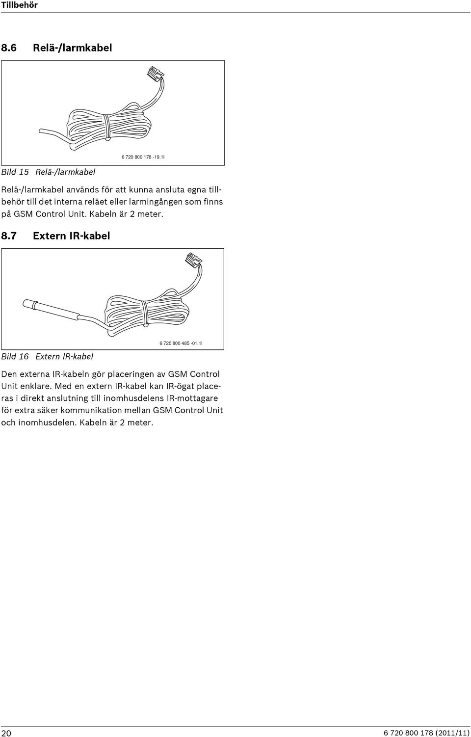 på GSM Control Unit. Kabeln är 2 meter. 8.7 Extern IR-kabel 6 720 800 485-01.