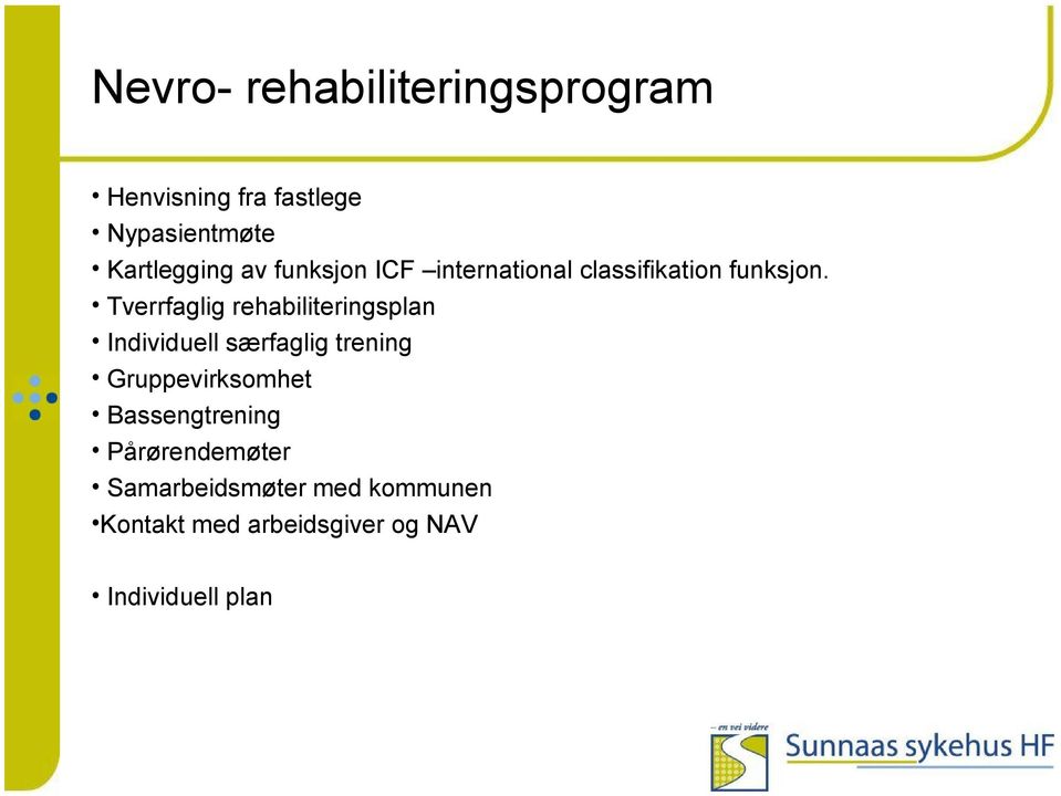 Tverrfaglig rehabiliteringsplan Individuell særfaglig trening Gruppevirksomhet