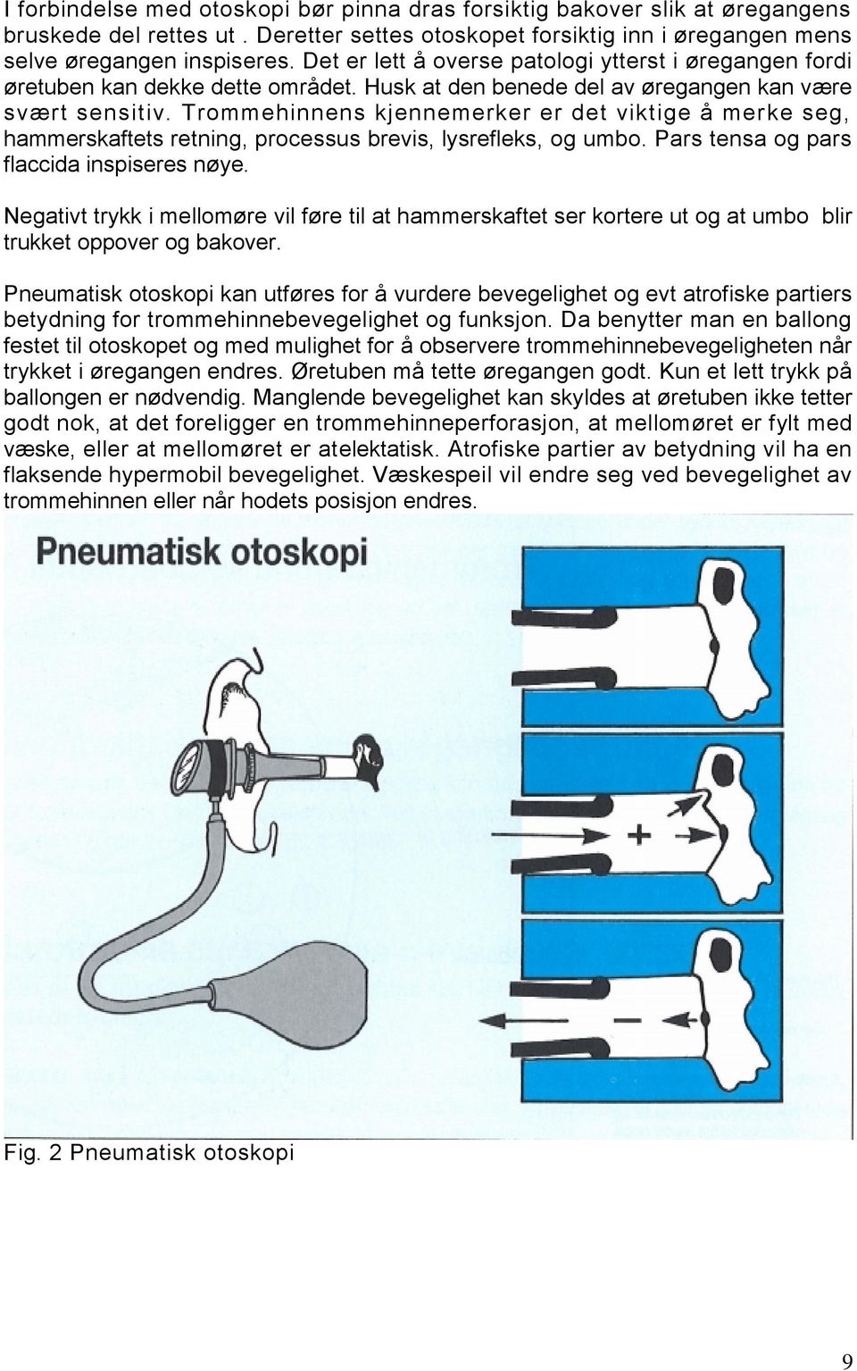 Trommehinnens kjennemerker er det viktige å merke seg, hammerskaftets retning, processus brevis, lysrefleks, og umbo. Pars tensa og pars flaccida inspiseres nøye.