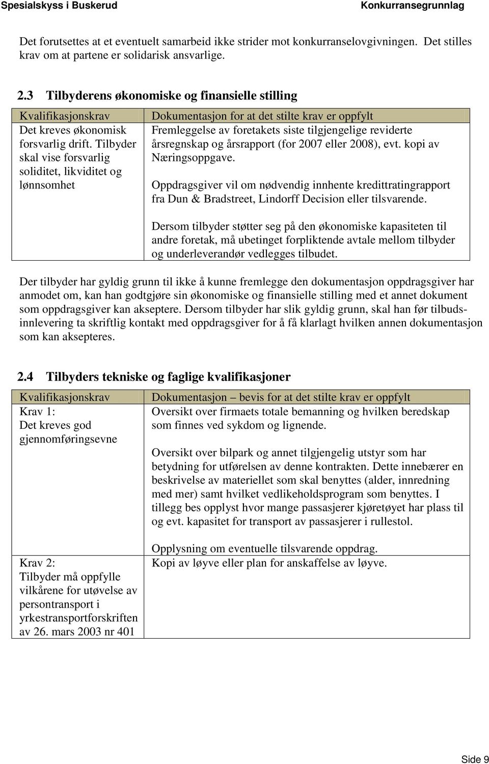 Tilbyder skal vise forsvarlig soliditet, likviditet og lønnsomhet Dokumentasjon for at det stilte krav er oppfylt Fremleggelse av foretakets siste tilgjengelige reviderte årsregnskap og årsrapport