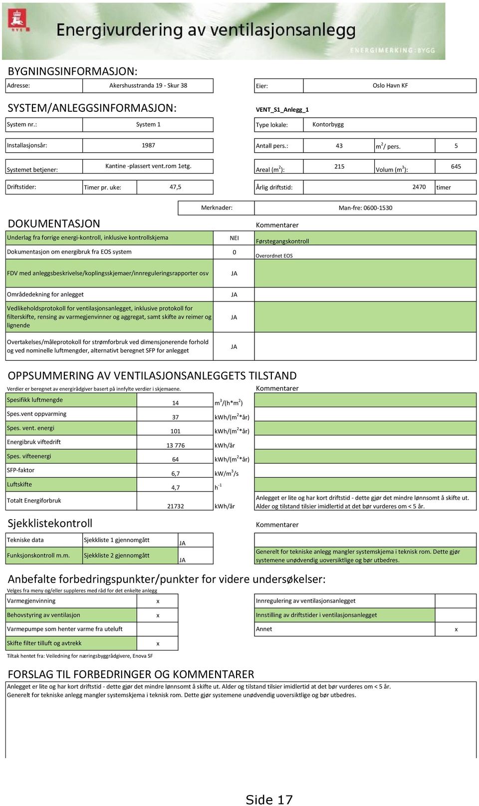 uke: 47,5 Årlig driftstid: 2470 timer DOKUMENTSJON Underlag fra forrige energi-kontroll, inklusive kontrollskjema Dokumentasjon om energibruk fra EOS system 1 Merknader: Man-fre: 0600-1530