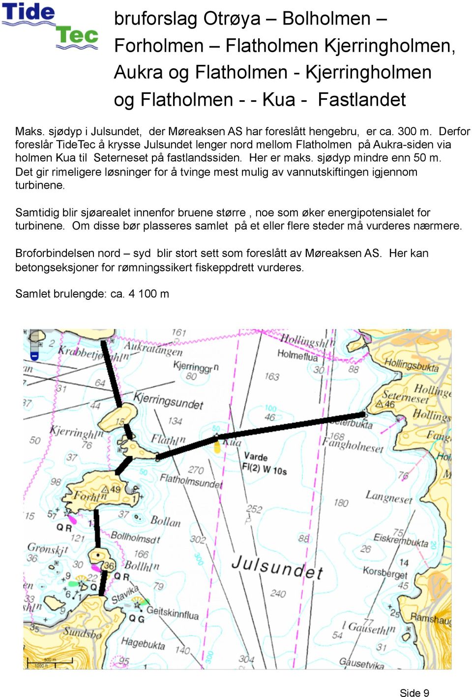 Derfor foreslår TideTec å krysse Julsundet lenger nord mellom Flatholmen på Aukra-siden via holmen Kua til Seterneset på fastlandssiden. Her er maks. sjødyp mindre enn 50 m.