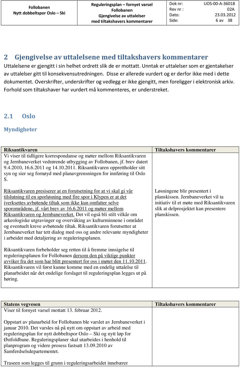 Forhold som tiltakshaver har vurdert må kommenteres, er understreket. 2.