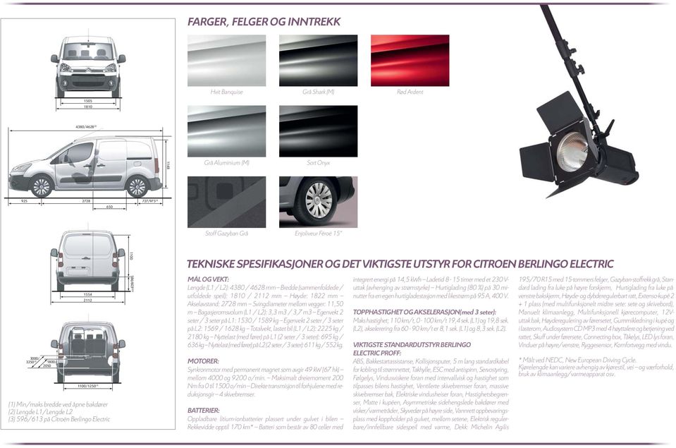 VIKTIGSTE UTSTYR FOR CITROEN BERLINGO ELECTRIC MÅL OG VEKT: Lengde (L1 / L2): 4380 / 4628 mm Bredde (sammenfoldede / utfoldede speil): 1810 / 2112 mm Høyde: 1822 mm Akselavstand: 2728 mm