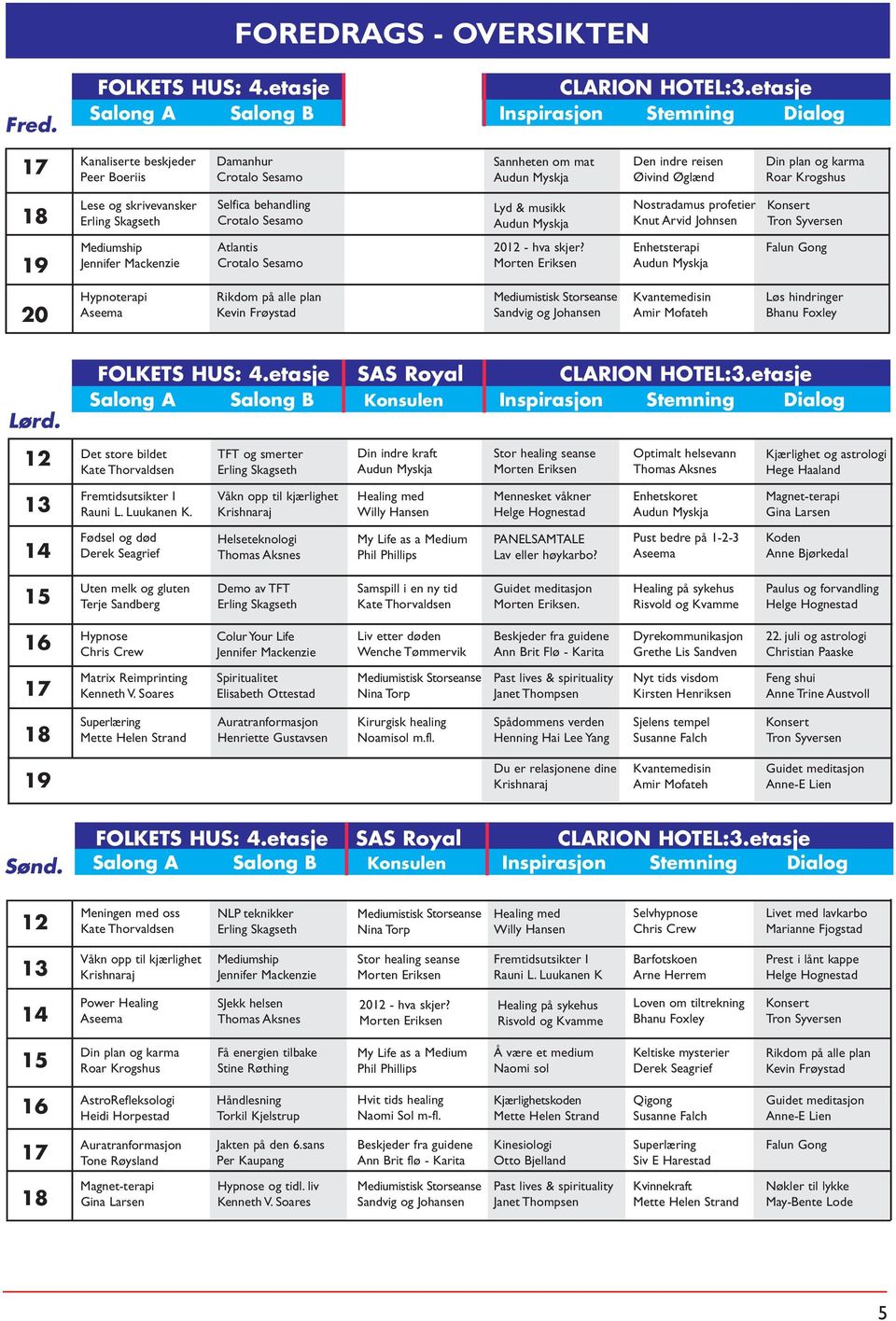 karma Roar Krogshus 18 Lese og skrivevansker Erling Skagseth Selfica behandling Crotalo Sesamo Lyd & musikk Audun Myskja Nostradamus profetier Knut Arvid Johnsen Konsert Tron Syversen 19 Mediumship