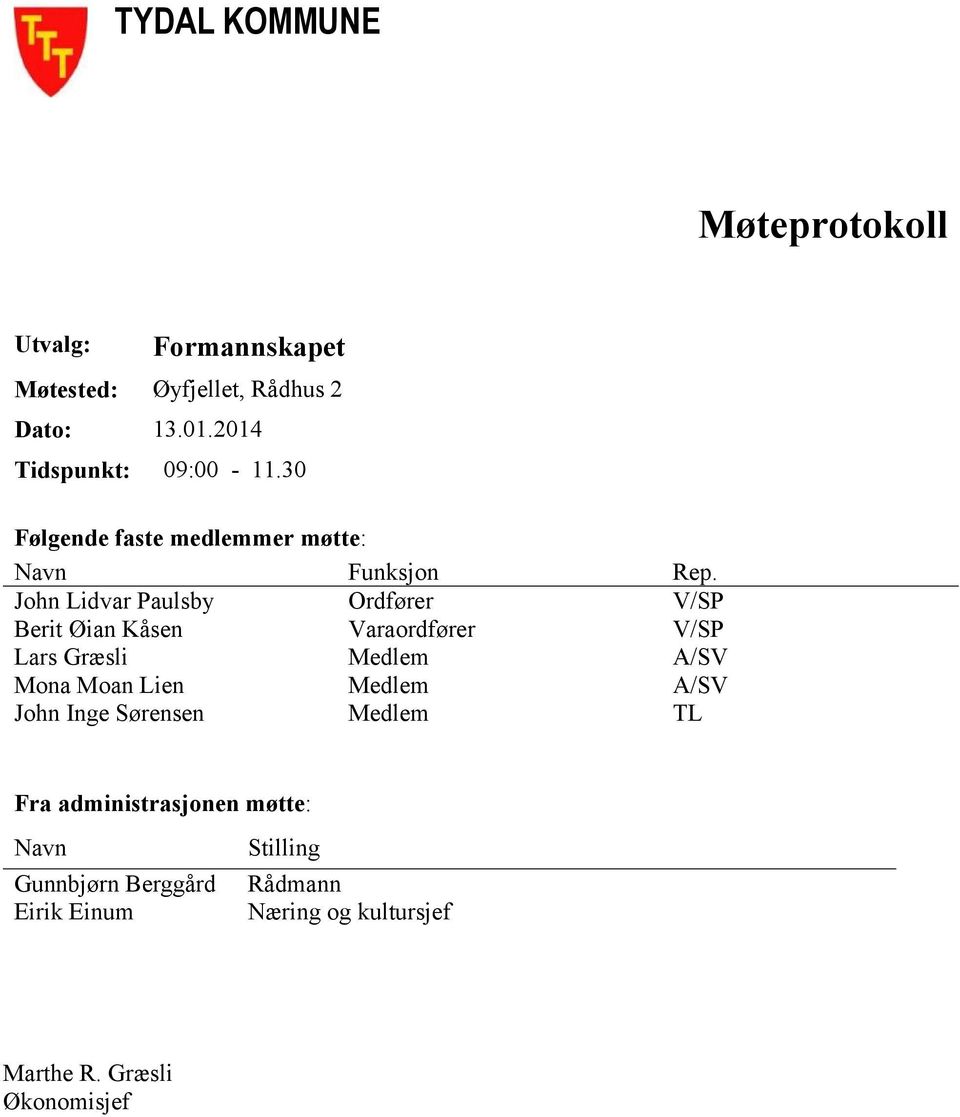John Lidvar Paulsby Ordfører V/SP Berit Øian Kåsen Varaordfører V/SP Lars Græsli Medlem A/SV Mona Moan Lien