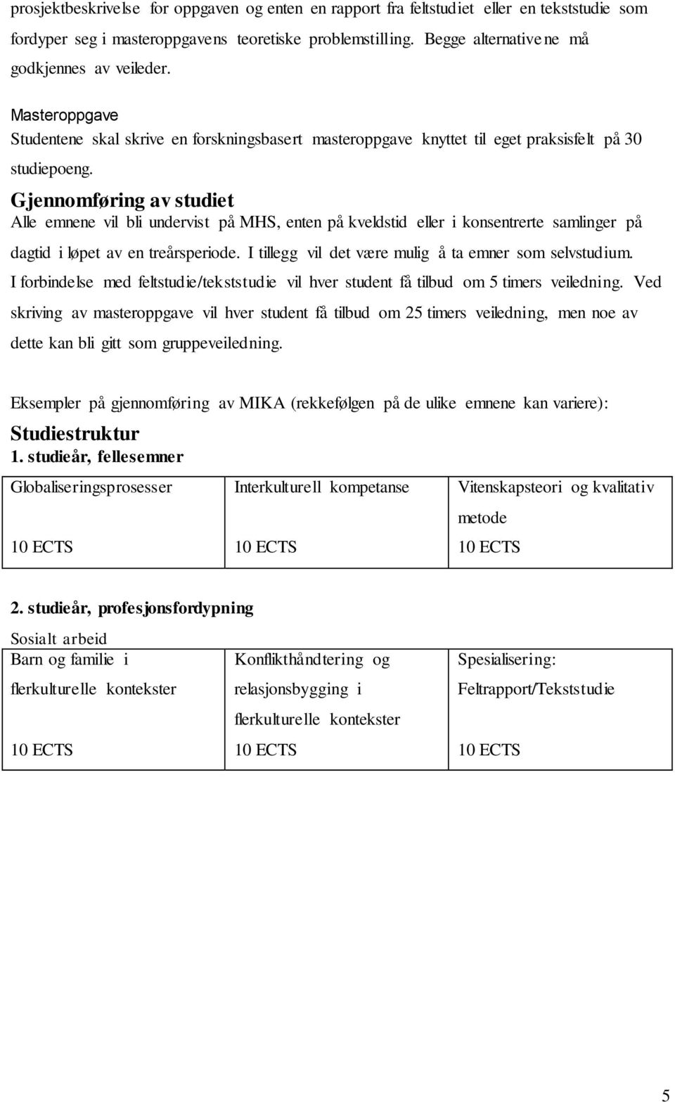 Gjennomføring av studiet Alle emnene vil bli undervist på MHS, enten på kveldstid eller i konsentrerte samlinger på dagtid i løpet av en treårsperiode.