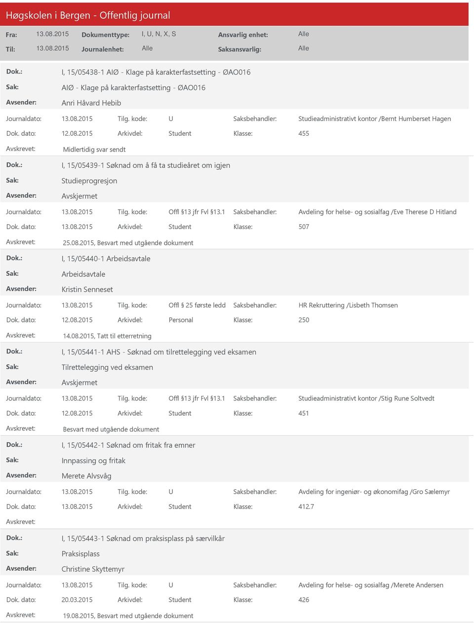 2015, Besvart med utgående dokument I, 15/05440-1 Arbeidsavtale Arbeidsavtale Kristin Senneset HR Rekruttering /Lisbeth Thomsen Dok. dato: 12.08.