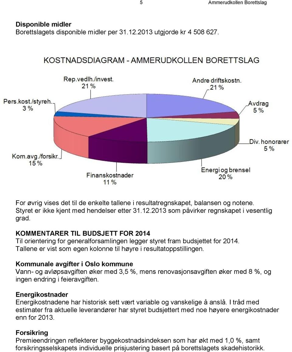 KOMMENTARER TIL BUDSJETT FOR 2014 Til orientering for generalforsamlingen legger styret fram budsjettet for 2014. Tallene er vist som egen kolonne til høyre i resultatoppstillingen.