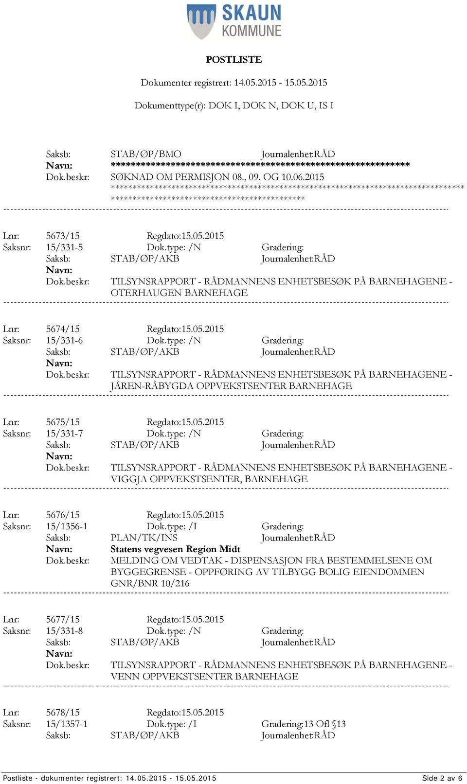 type: /N Gradering: TILSYNSRAPPORT - RÅDMANNENS ENHETSBESØK PÅ BARNEHAGENE - JÅREN-RÅBYGDA OPPVEKSTSENTER BARNEHAGE Lnr: 5675/15 Regdato:15.05.2015 Saksnr: 15/331-7 Dok.