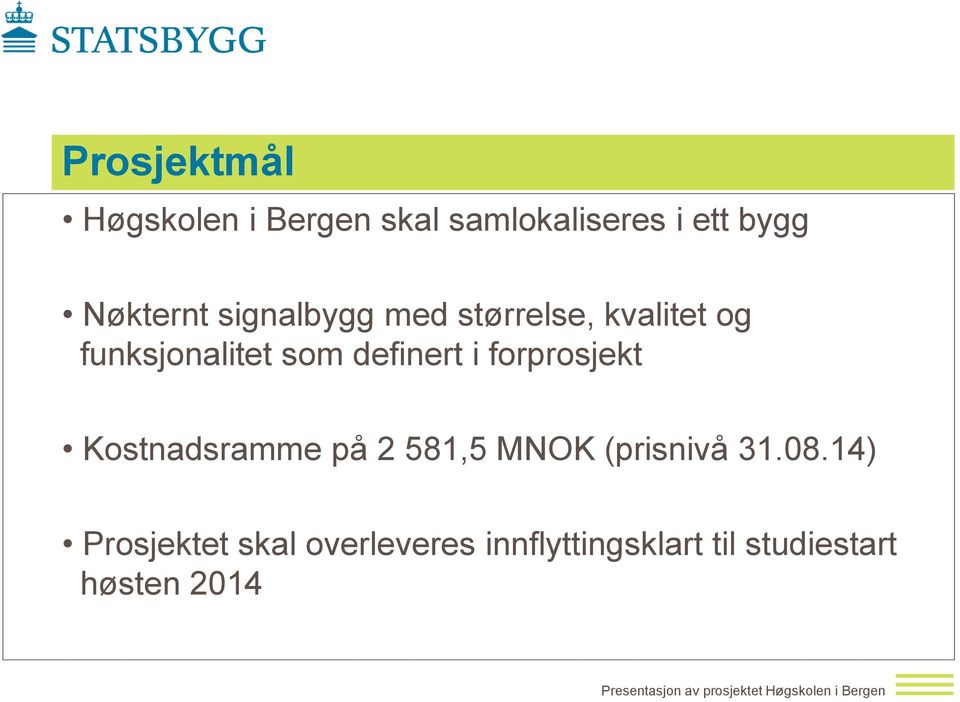 Kostnadsramme på 2 581,5 MNOK (prisnivå 31.08.