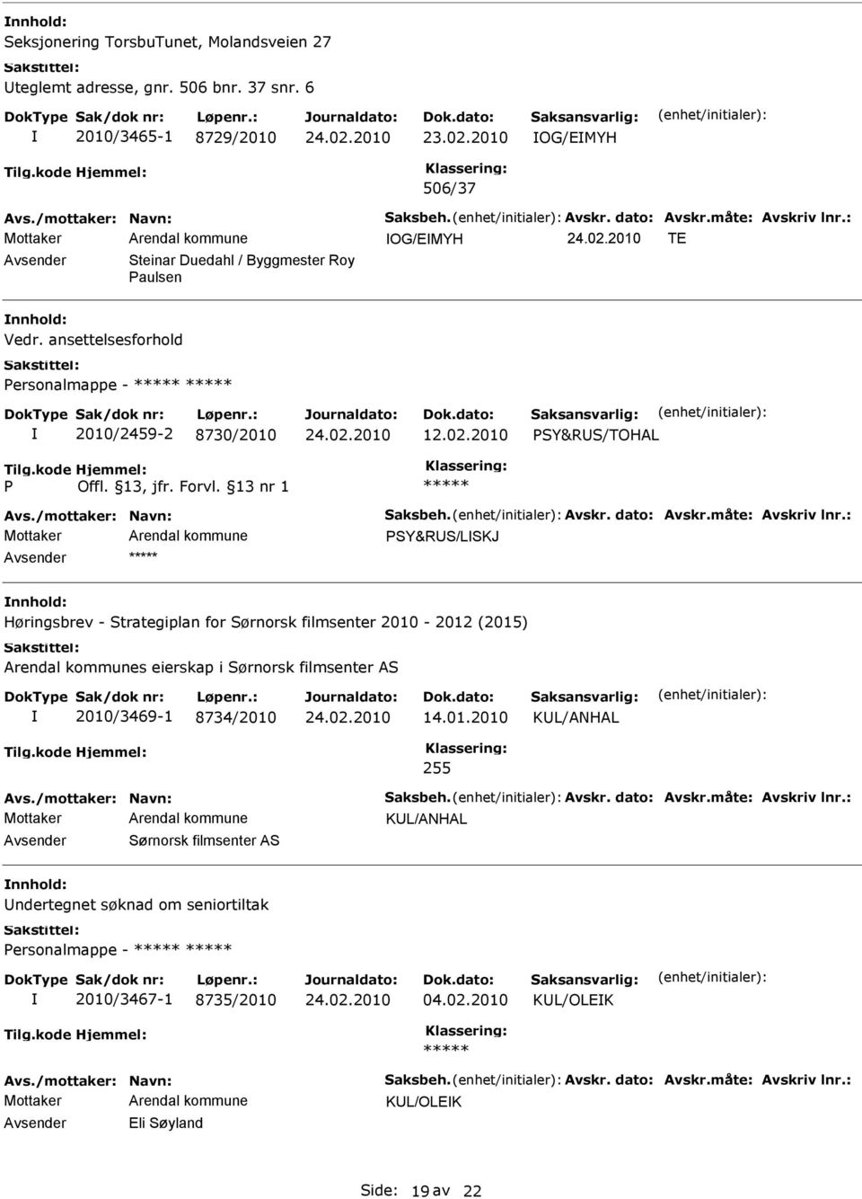 2010 PSY&RUS/TOHAL P PSY&RUS/LSKJ Avsender nnhold: Høringsbrev - Strategiplan for Sørnorsk filmsenter 2010-2012 (2015) Arendal kommunes eierskap i Sørnorsk filmsenter AS