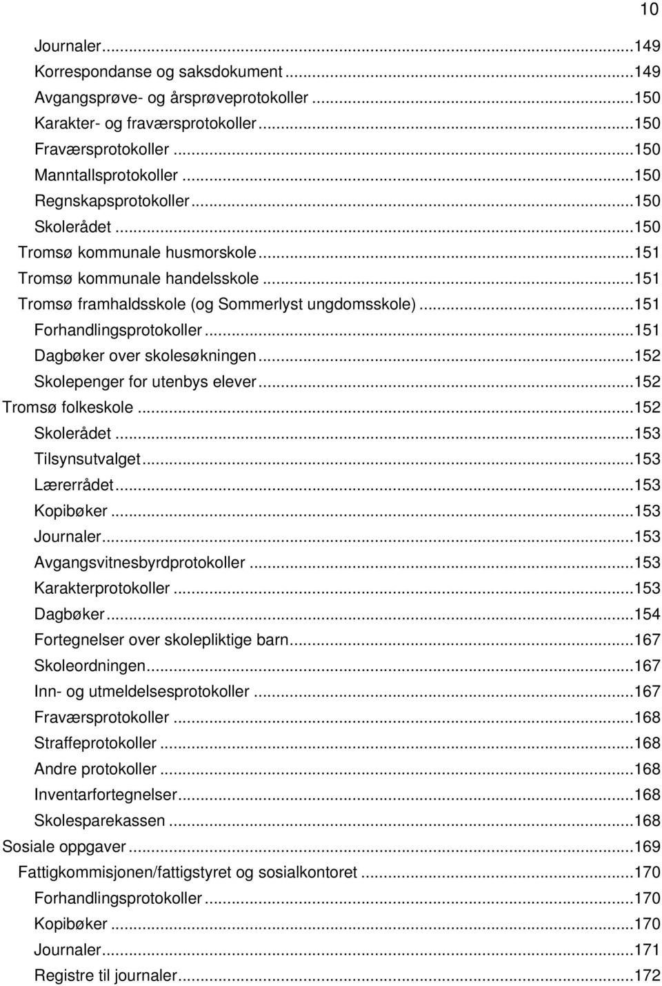 .. 151 Forhandlingsprotokoller... 151 Dagbøker over skolesøkningen... 152 Skolepenger for utenbys elever... 152 Tromsø folkeskole... 152 Skolerådet... 153 Tilsynsutvalget... 153 Lærerrådet.