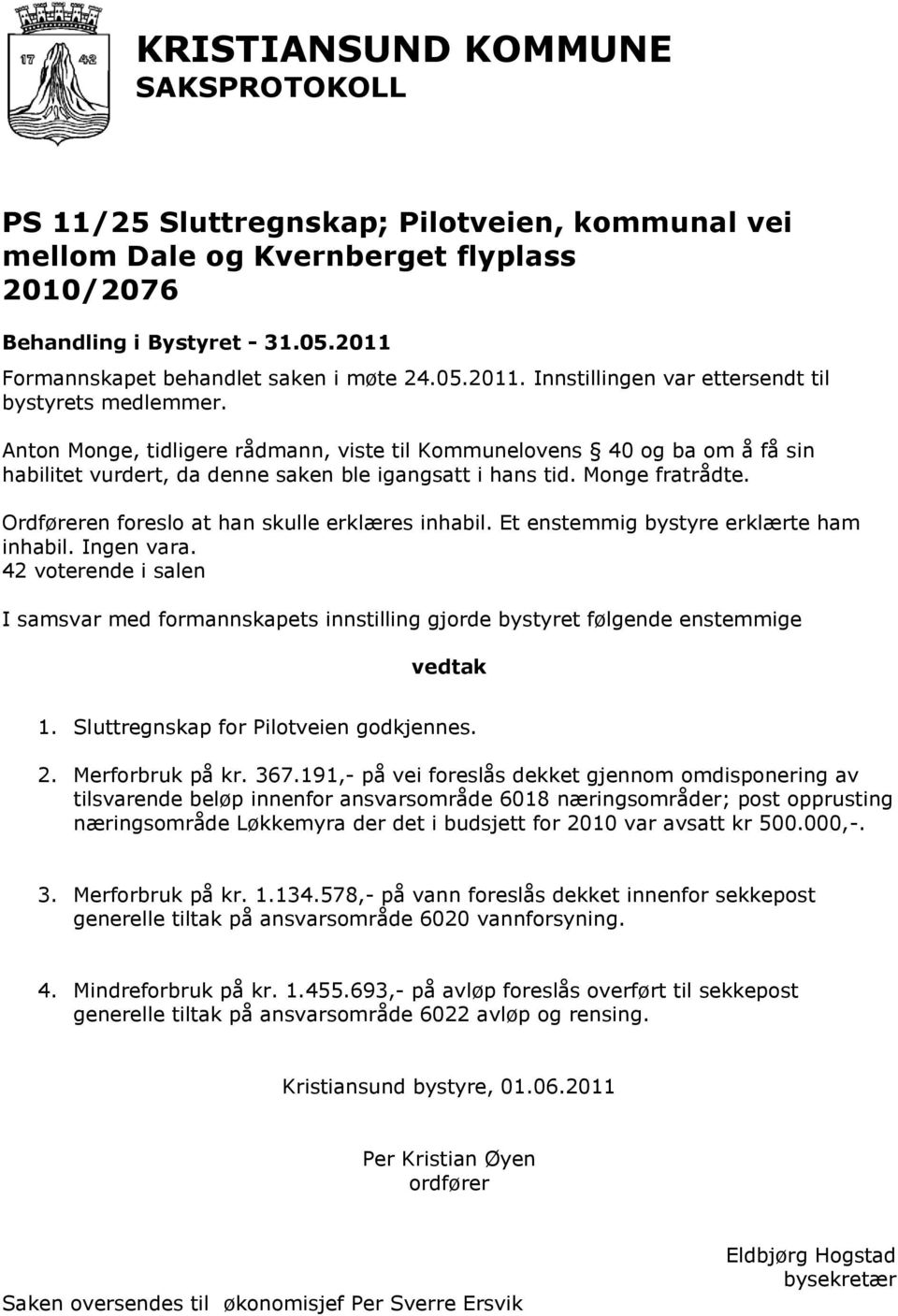 Ordføreren foreslo at han skulle erklæres inhabil. Et enstemmig bystyre erklærte ham inhabil. Ingen vara.