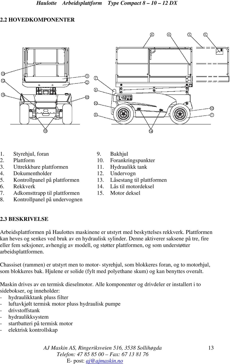 3 BESKRIVELSE Arbeidsplattformen på Haulottes maskinene er utstyrt med beskyttelses rekkverk. Plattformen kan heves og senkes ved bruk av en hydraulisk sylinder.