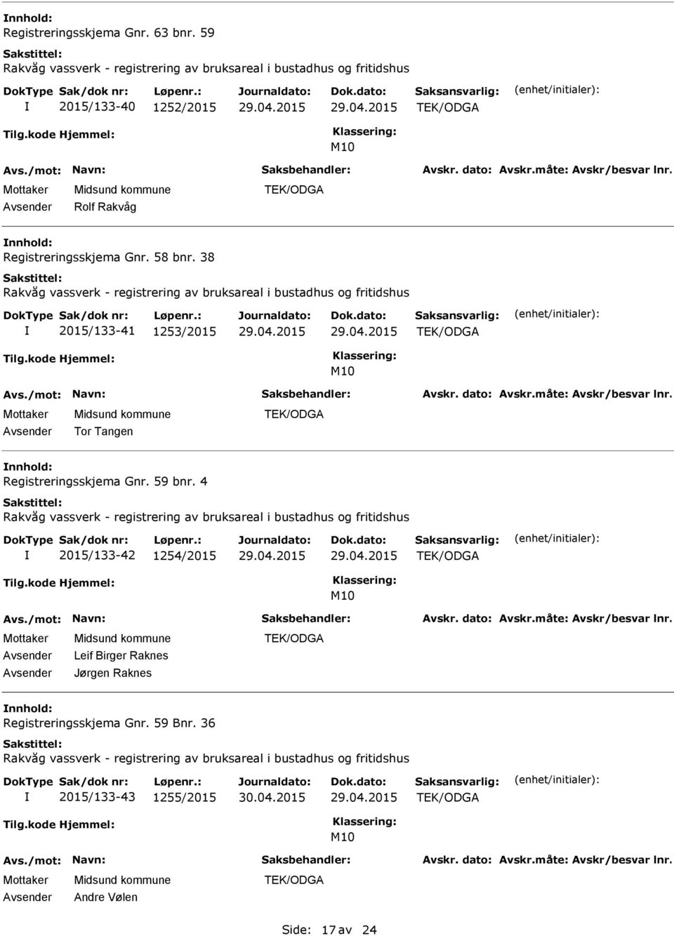 38 2015/133-41 1253/2015 Tor Tangen nnhold: Registreringsskjema Gnr. 59 bnr.