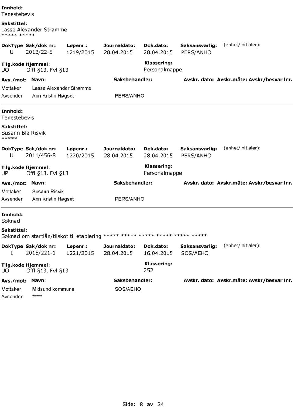 1220/2015 PERS/ANHO UP Personalmappe Susann Risvik Ann Kristin Høgset PERS/ANHO nnhold: Søknad