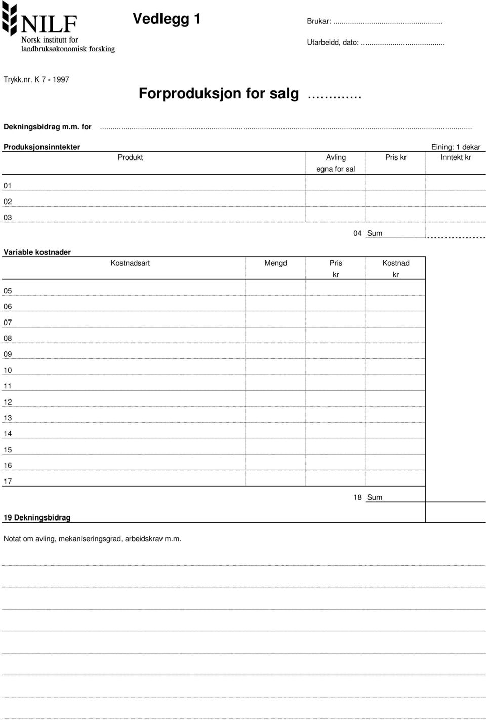 .. Produksjonsinntekter Eining: 1 dekar Produkt Avling Pris kr Inntekt kr egna for sal 01 02 03