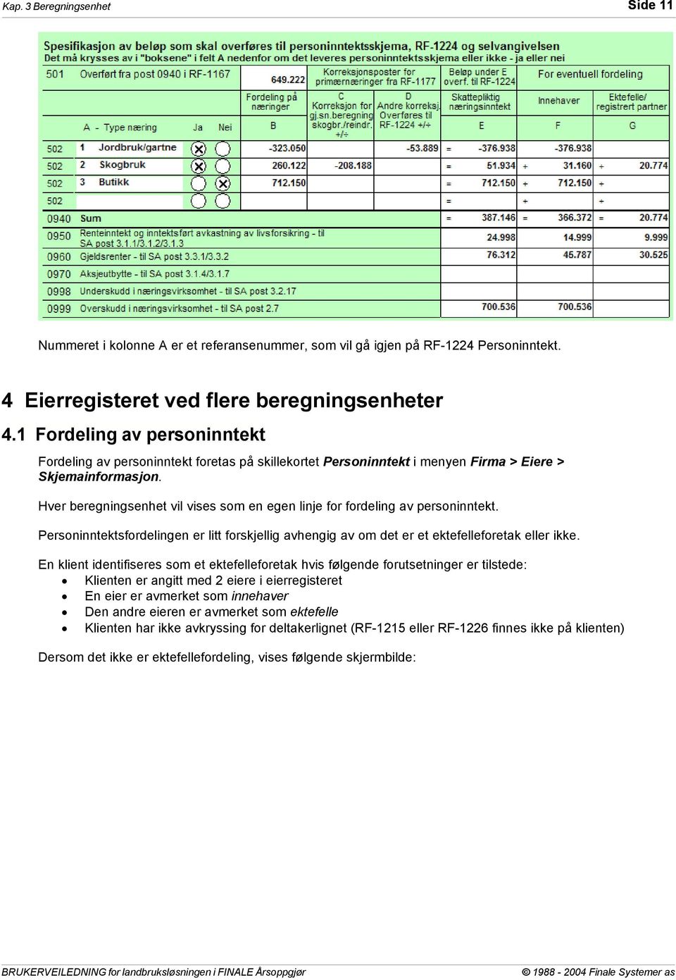 Hver beregningsenhet vil vises som en egen linje for fordeling av personinntekt. Personinntektsfordelingen er litt forskjellig avhengig av om det er et ektefelleforetak eller ikke.