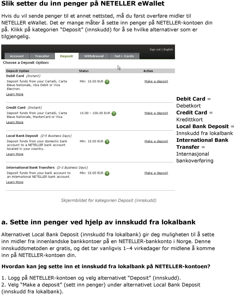 Debit Card = Debetkort Credit Card = Kredittkort Local Bank Deposit = Innskudd fra lokalbank International Bank Transfer = Internasjonal bankoverføring Skjermbildet for kategorien Deposit (innskudd)