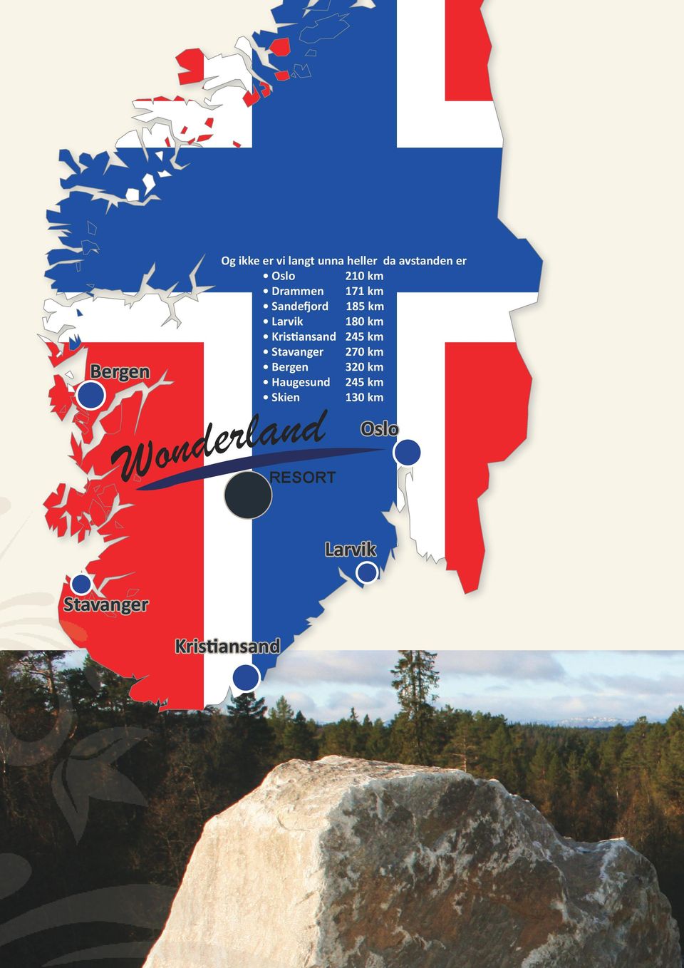 Kristiansand 245 km Stavanger 270 km Bergen 320 km Haugesund