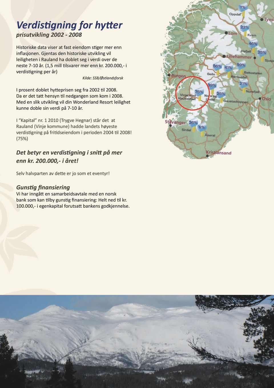000,- i verdistigning per år) Kilde: SSB/Østlandsforsk I prosent doblet hytteprisen seg fra 2002 til 2008. Da er det tatt hensyn til nedgangen som kom i 2008.
