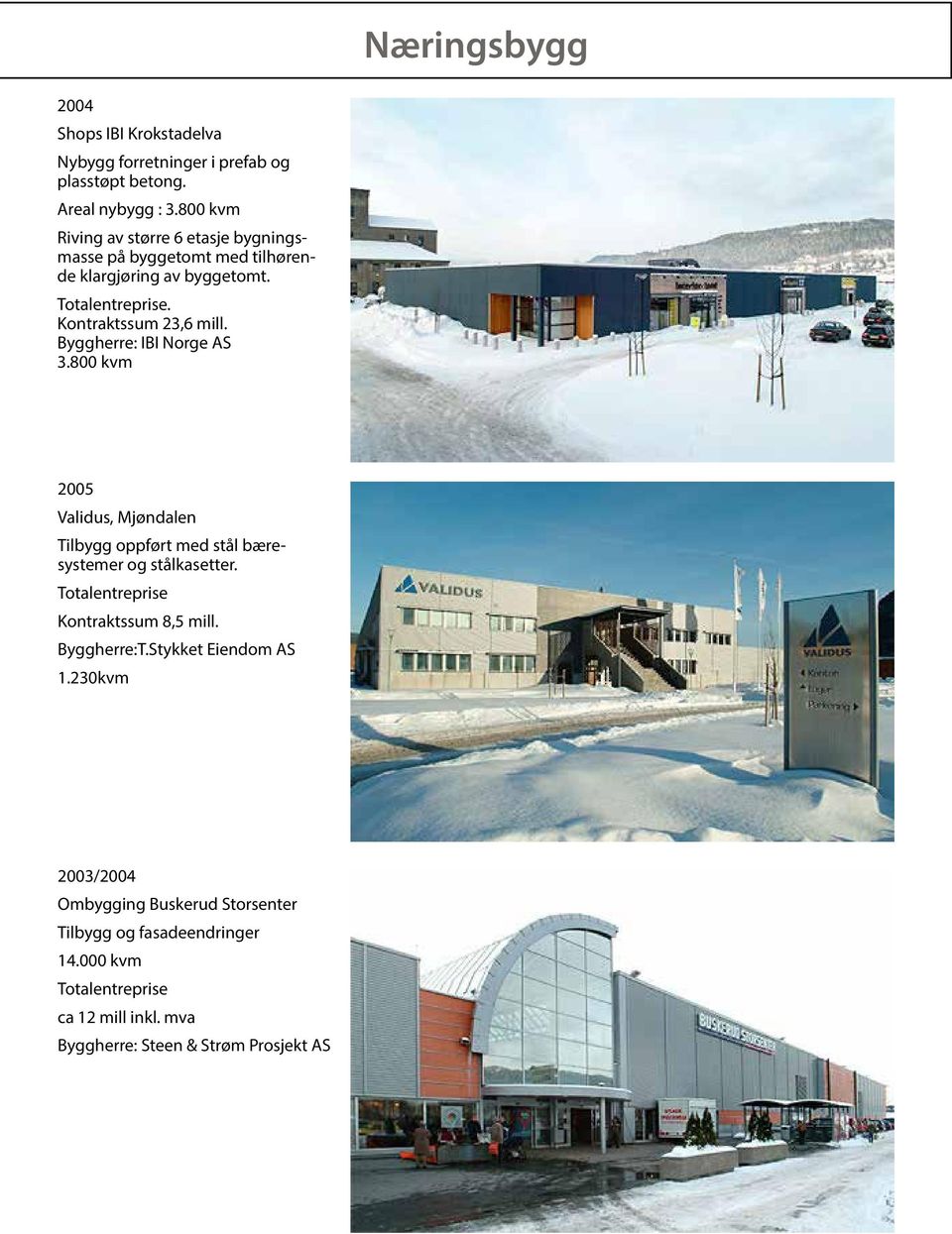Byggherre: IBI Norge AS 3.800 kvm 2005 Validus, Mjøndalen Tilbygg oppført med stål bæresystemer og stålkasetter. Kontraktssum 8,5 mill.