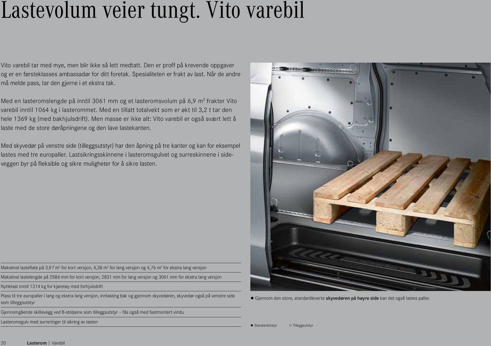 Med en lasteromslengde på inntil 3061 mm og et lasteromsvolum på 6,9 m 3 frakter Vito varebil inntil 1064 kg i lasterommet.